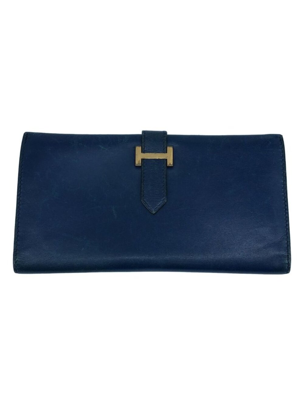 Hermes Bearn Leather Gold Wallet Blue